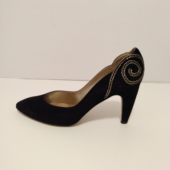 Proxy Black Gold Embellished Faux Suede Point Toe Evening Pump 3 1/2" Heels 9 M - Picture 5 of 9